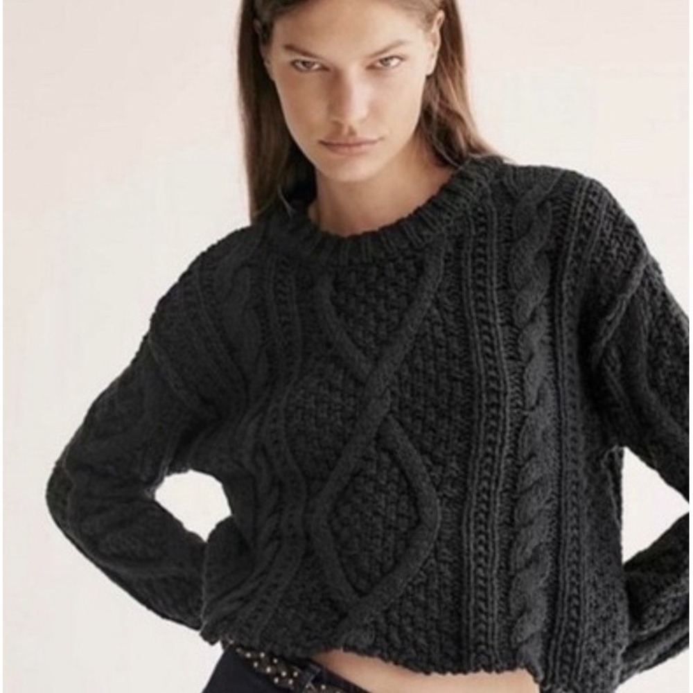 Free People Cable Knit Sweater Cutting Edge Black Sz Small Chunky Cropped Boho
